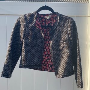 Lsenkoye, Tweed  jacket, black grey on outside, flower print on inside.